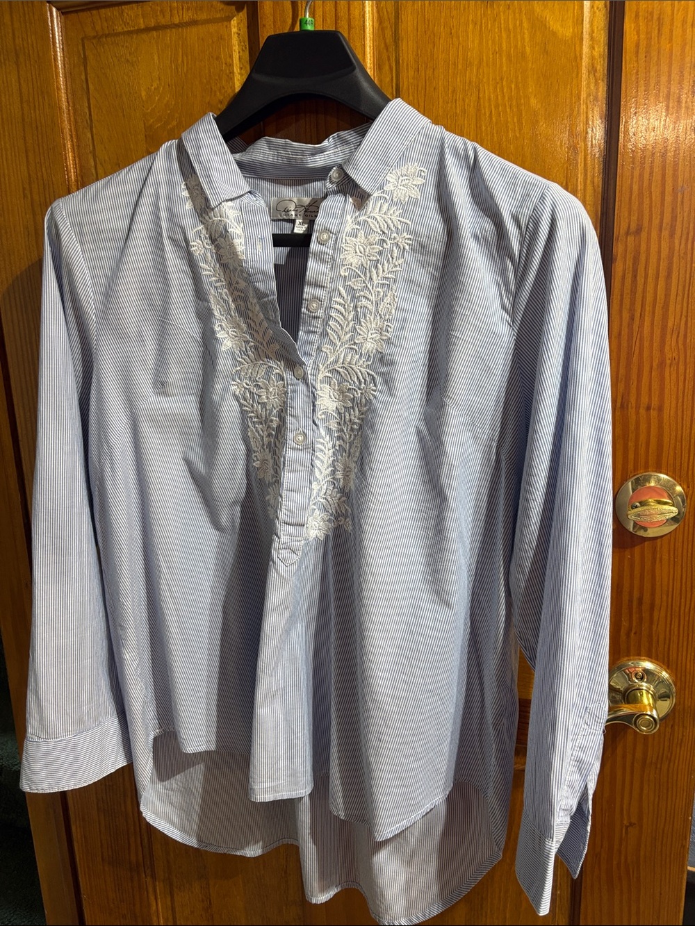 Diane Gilman Light Blue Pinstripe Shirt with White Embroidered Placket